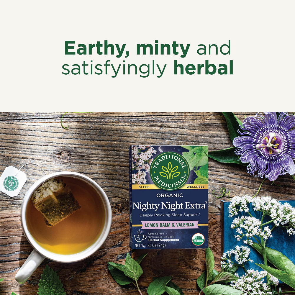 Steaming cup of Traditional Medicinals Nighty Night Extra signaling relaxation.