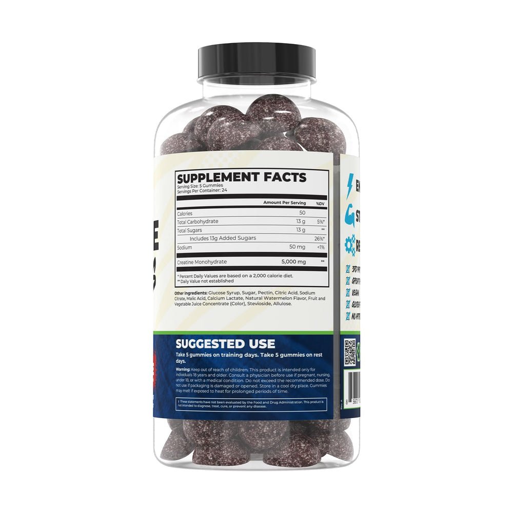 Train Naked Labs Creatine Gummies Closeup Texture: chewy consistency highlights product texture.