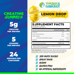 Train Naked Labs Creatine Gummies lemon drop label shows 5g per serving.