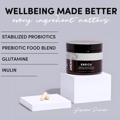 Tranont Enrich probiotic and prebiotic blend illustrating gut balance benefits.