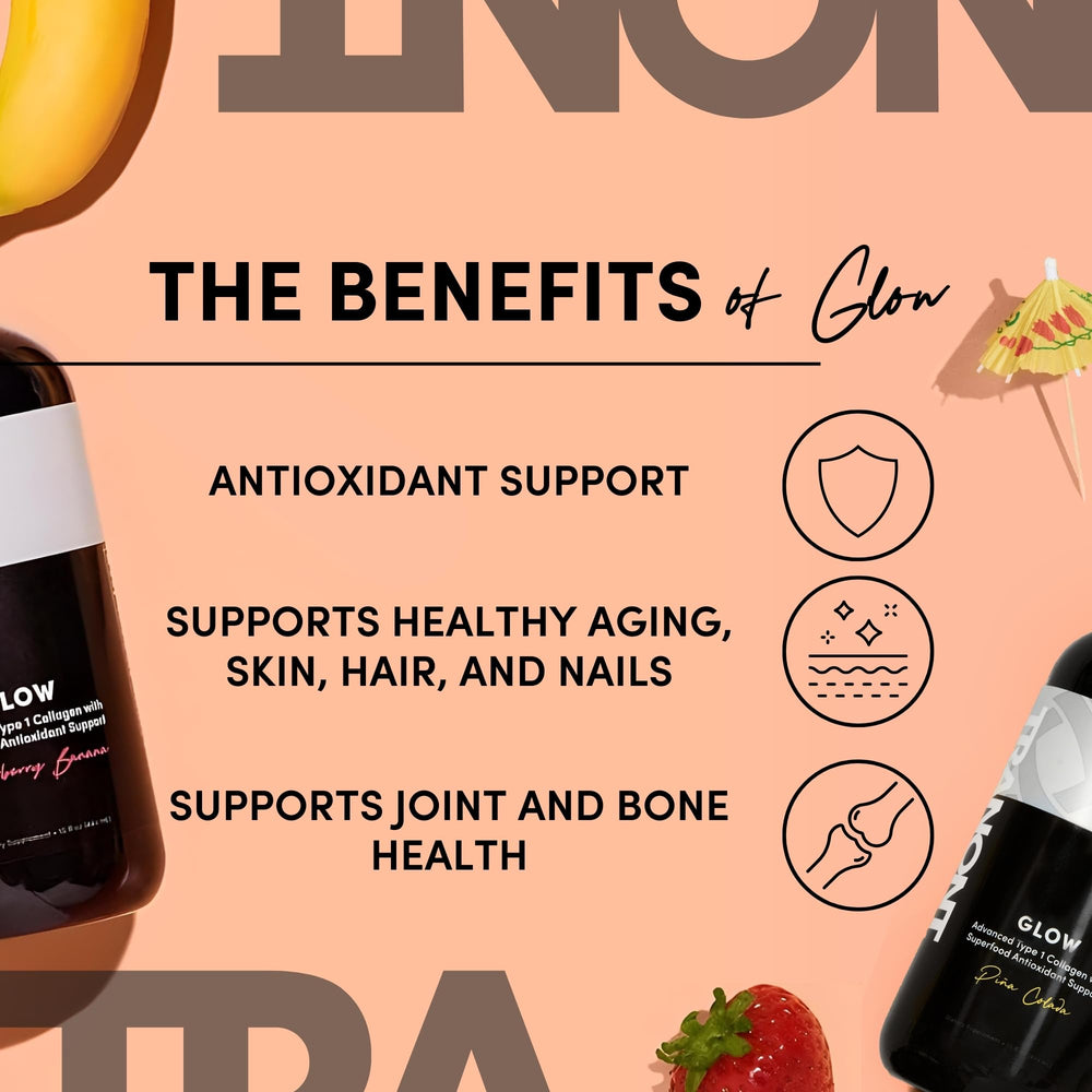 Tranont Glow bottle pouring pina colada flavor for convenient wellness routine.