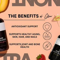 Tranont Glow bottle pouring pina colada flavor for convenient wellness routine.