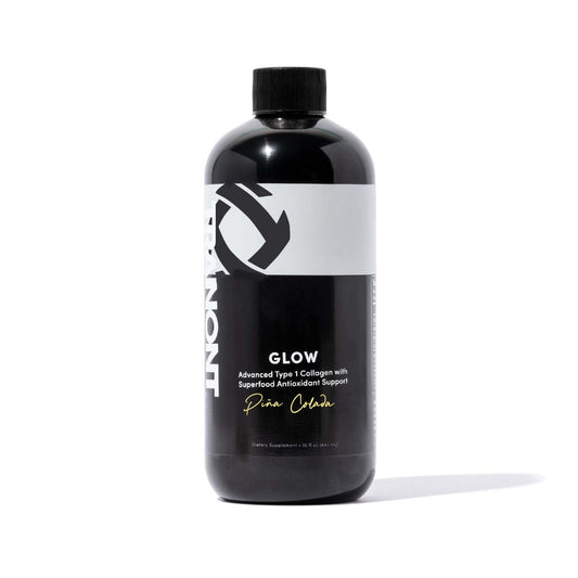 Tranont Glow Pina Colada bottle highlighting hydration and antioxidant support for skin health.