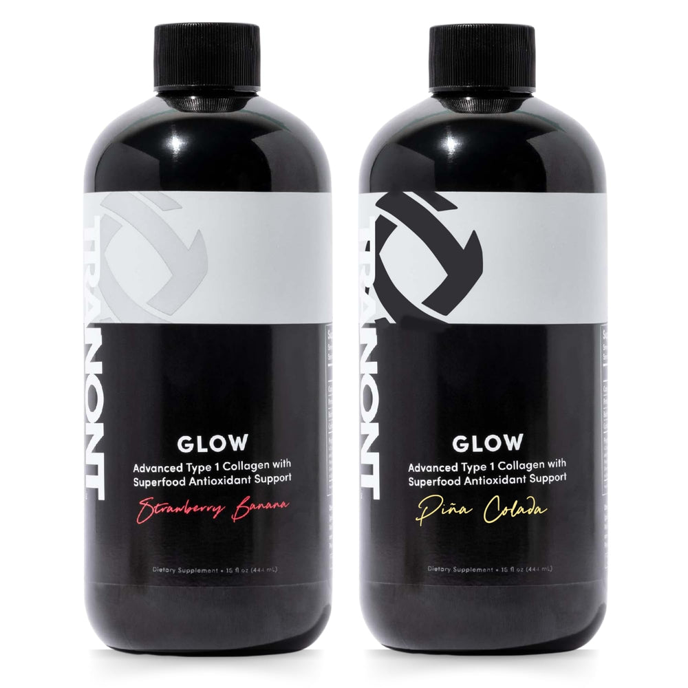 Tranont Glow bottle pouring strawberry-banana flavor for daily hydration and antioxidant support.