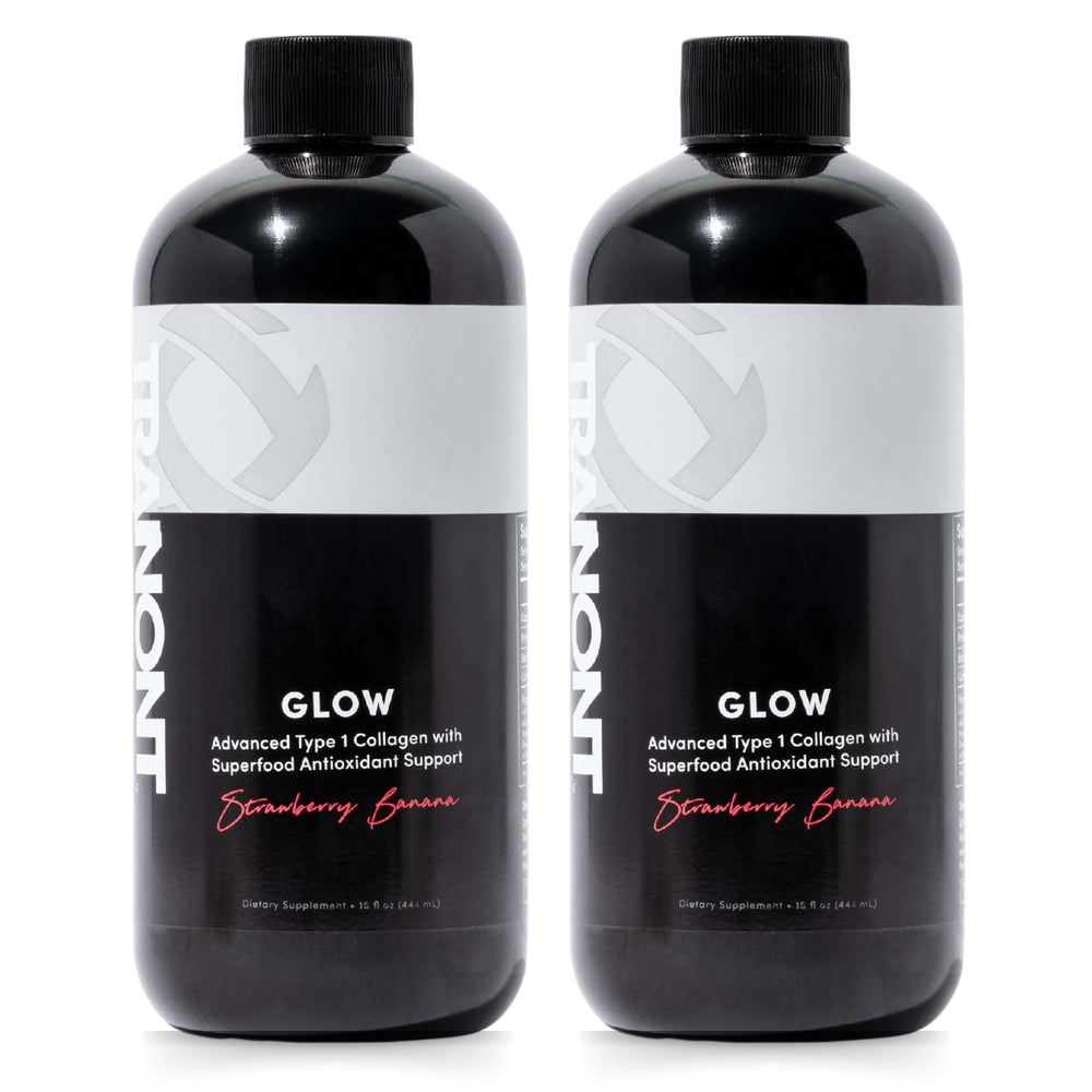 Tranont Glow Strawberry Banana bottle showing hydration and antioxidant blend.
