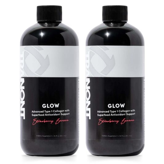 Tranont Glow Strawberry Banana bottle showing hydration and antioxidant blend.