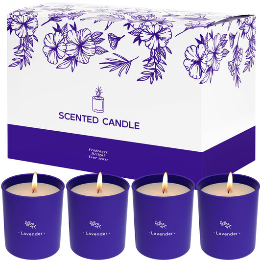 TranquilBliss lavender candle in a purple jar creates a calming ambiance.