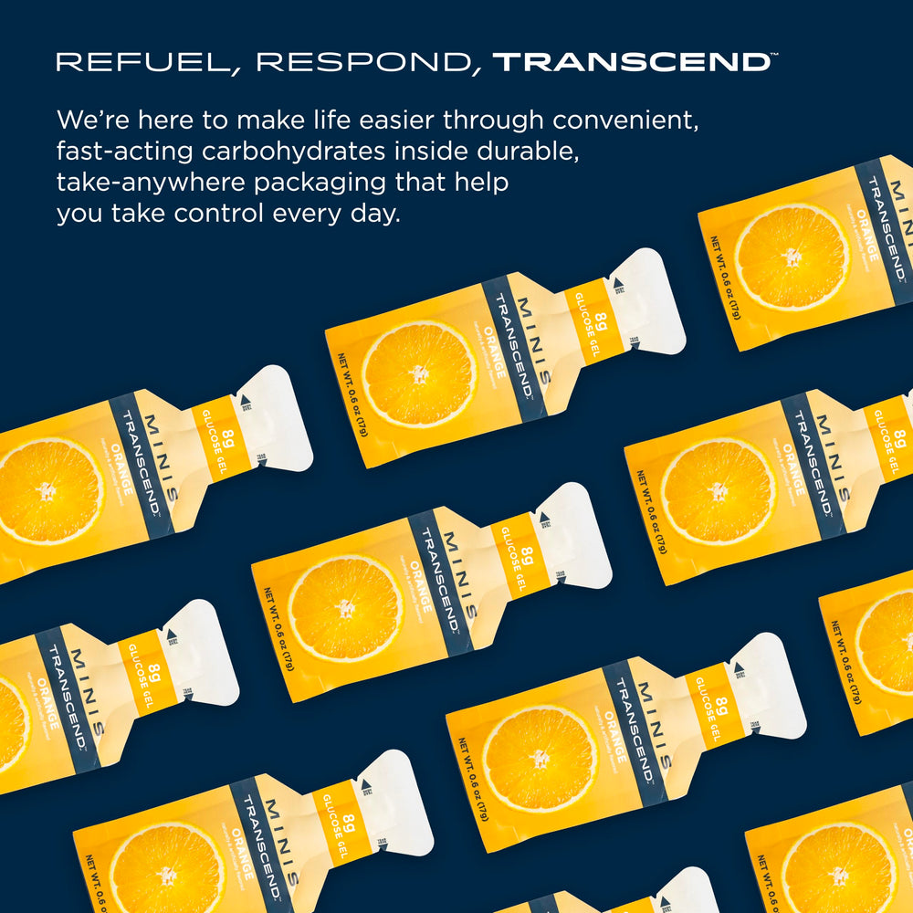 Transcend Mini Orange Gel lineup emphasizing orange flavor and travel-friendly design.
