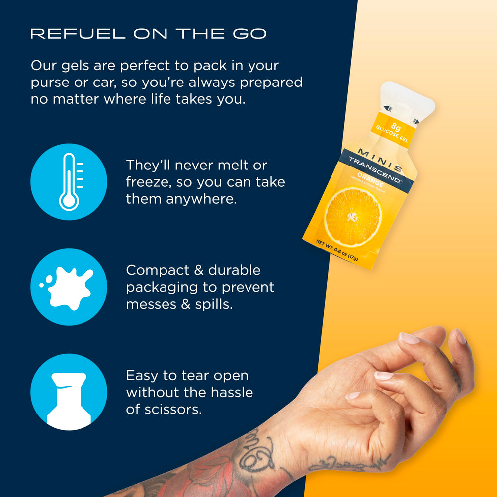 Hand holding Transcend Mini Orange Gel for immediate energy boost.