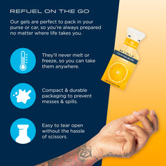 Hand holding Transcend Mini Orange Gel for immediate energy boost.