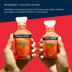 On-the-go nutrition with Transcend Strawberry Gel, gluten-free and caffeine-free.