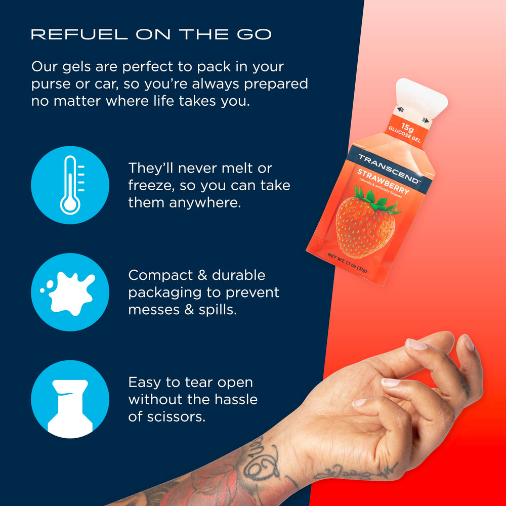 Pocket-ready Transcend Gel packets for easy fueling during workouts.