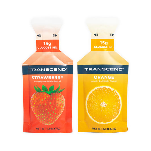Transcend Strawberry + Orange Gels 24-pack on shelf for quick workout fueling.