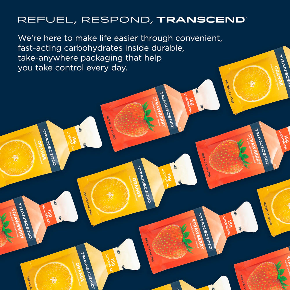 Transcend Strawberry + Orange Gels label front highlighting gluten-free and caffeine-free benefits.