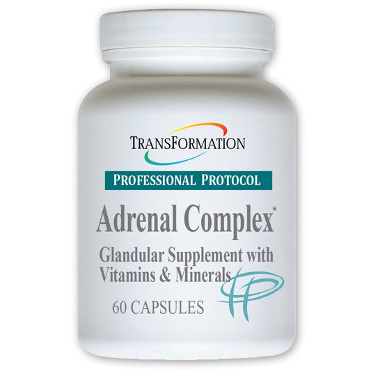 Transformation Adrenal Complex bottle front view highlighting herbal and vitamin blend for daily wellness.