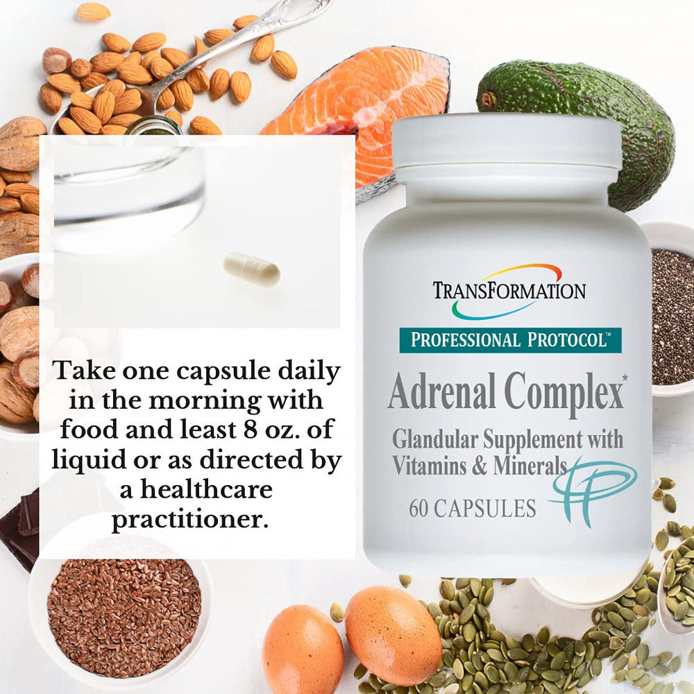 Transformation Adrenal Complex capsules close-up, compact pills for easy daily intake.