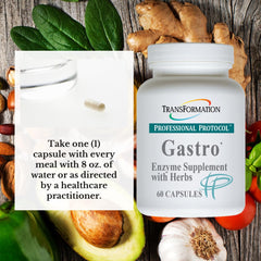 Transformation Gastro enzyme ingredients list highlights natural herbs for GI comfort.