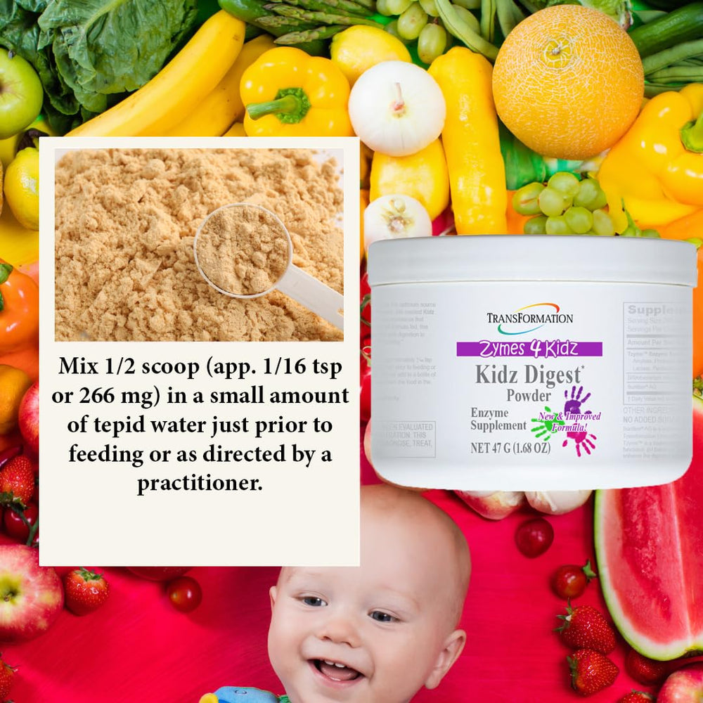TRANSFORMATION Kidz Digest Powder pouch highlights non-GMO, allergen-free formula for peace of mind.