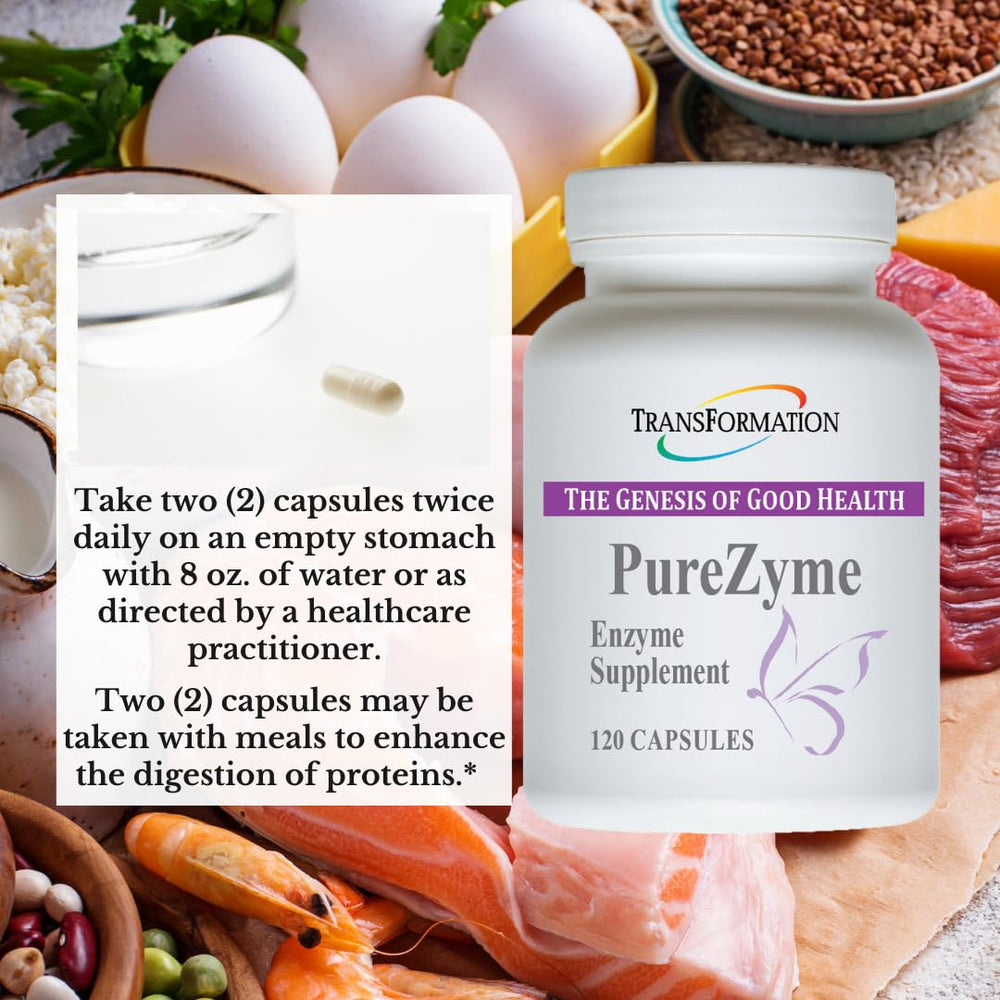 Transformation Purezyme label and packaging highlighting vegan-friendly, allergen-free formula.