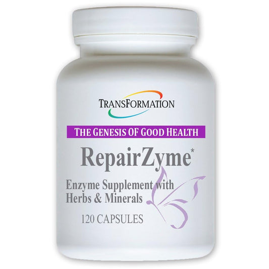 Transformation RepairZyme bottle front, high-potency digestive enzyme blend for daily support.