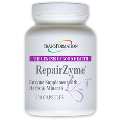 Transformation RepairZyme bottle front, high-potency digestive enzyme blend for daily support.