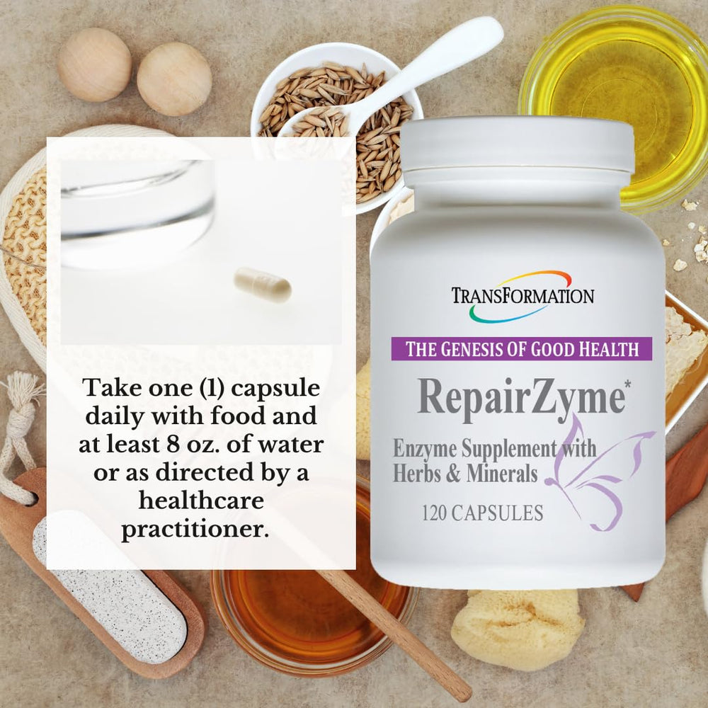 Transformation RepairZyme capsules shown for easy daily use and digestion support.
