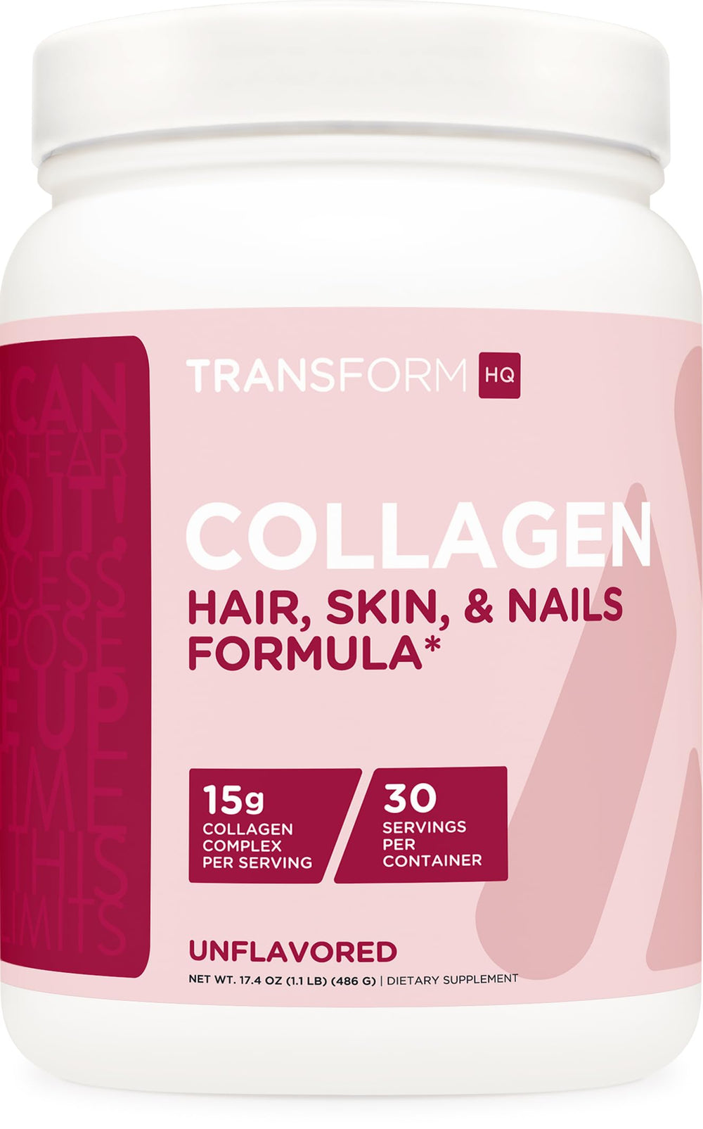 TransformHQ Beauty Collagen unflavored bottle pour shown for daily routine use