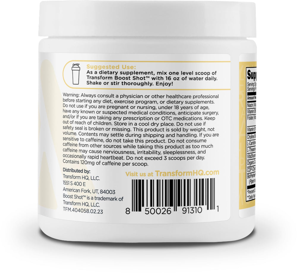 TransformHQ Energy and Focus Powder scoop ready to measure a serving for study sessions.