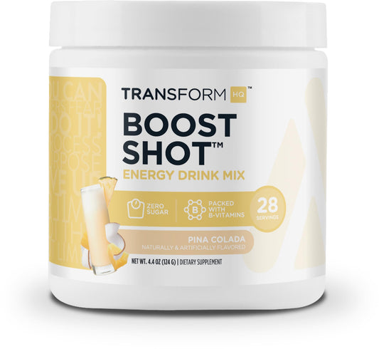 TransformHQ Energy and Focus Powder tub showcases pina colada flavor for sustained energy.
