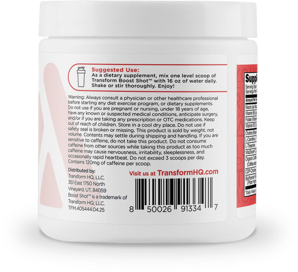 TransformHQ Energy & Focus Powder Fruit Punch dissolving in glass for refreshing energy lift.