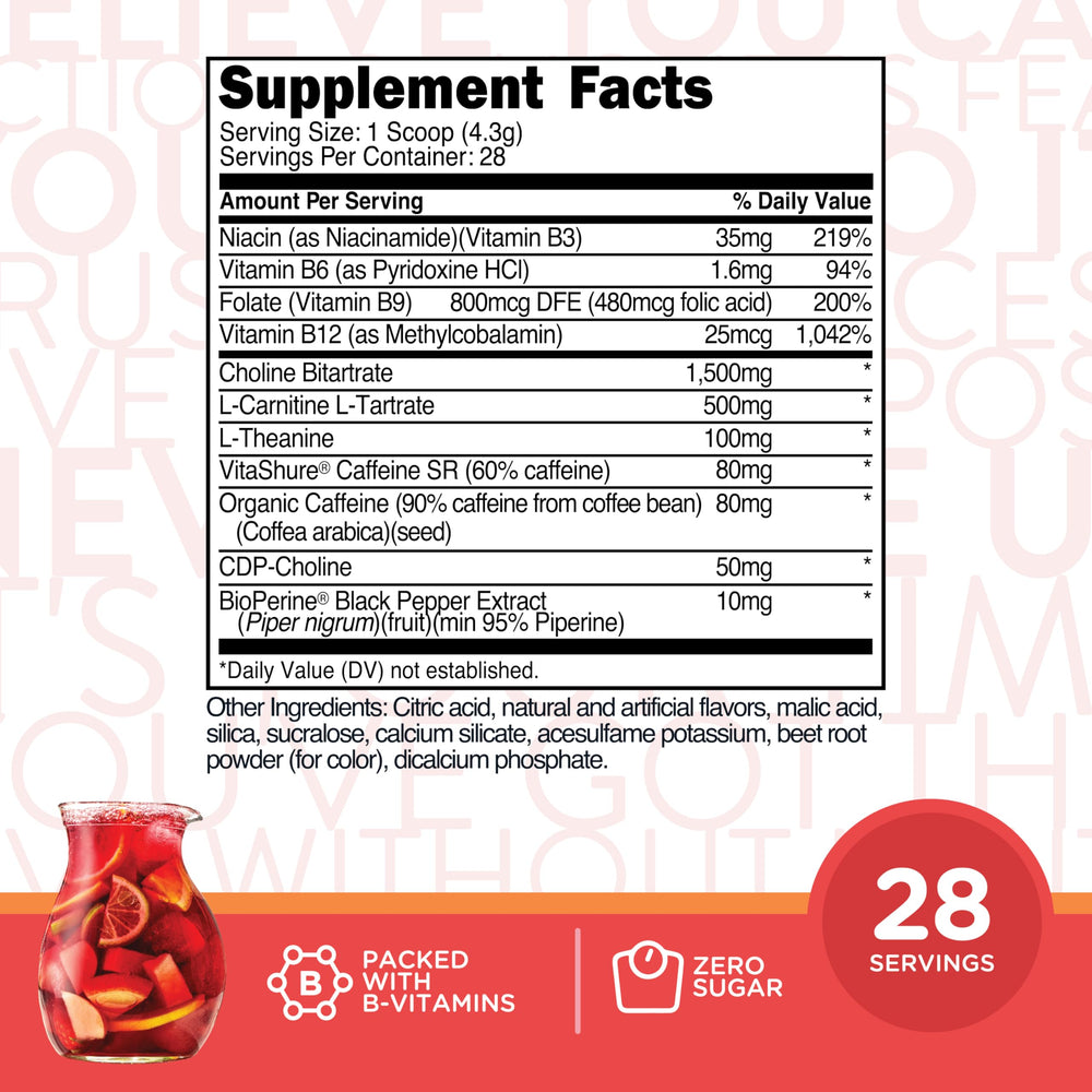 TransformHQ Energy & Focus Powder Fruit Punch scoop dissolving in water for quick focus.