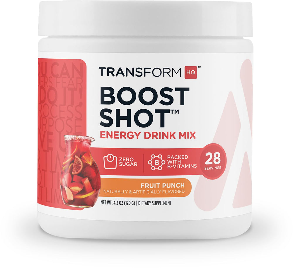 TransformHQ Energy & Focus Powder Fruit Punch tub with scoop for clean, steady energy.