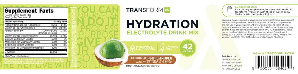 TransformHQ hydration label close-up highlighting ingredients and certifications
