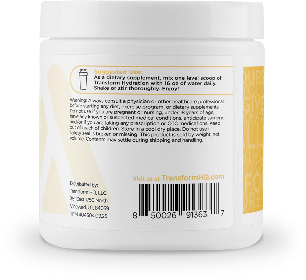 TransformHQ Hydration pina colada label notes zero calories for guilt-free sipping.