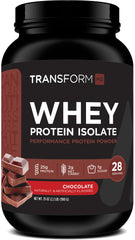 TransformHQ Whey Protein Isolate Chocolate bottle showing 28 servings for convenient daily protein