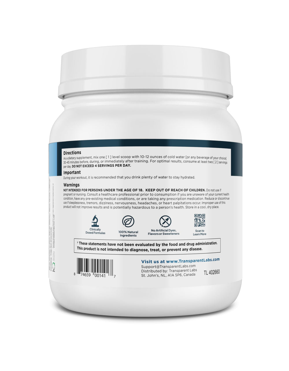 Strawberry lemonade powder from Transparent Labs BCAA Glutamine for daily supplementation.