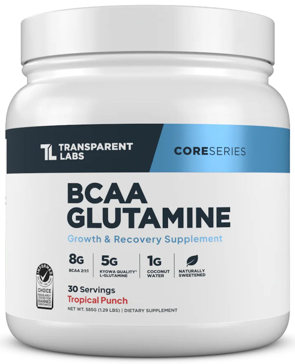 Transparent Labs BCAA Glutamine Tropical Punch bottle shows post-workout recovery potential.