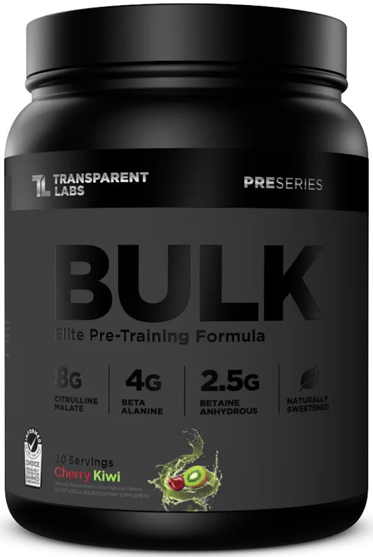 Transparent Labs Bulk Black preworkout tub with clear dosing label for precise servings