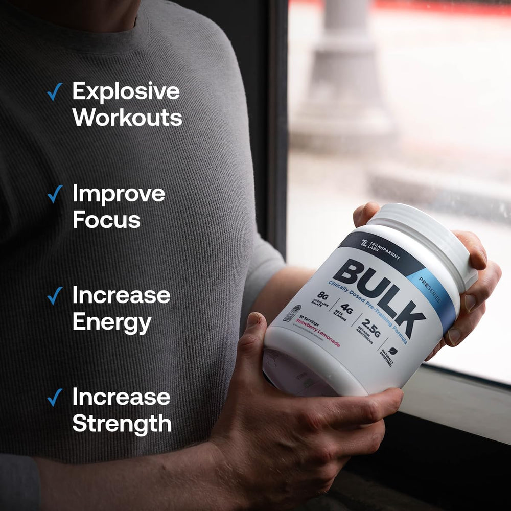 Strawberry Lemonade flavor on Transparent Labs Bulk Pre Workout label for naturally flavored energy.