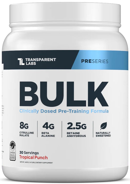 Transparent Labs Bulk Pre-Workout powder bottle highlights clean, sustained energy.
