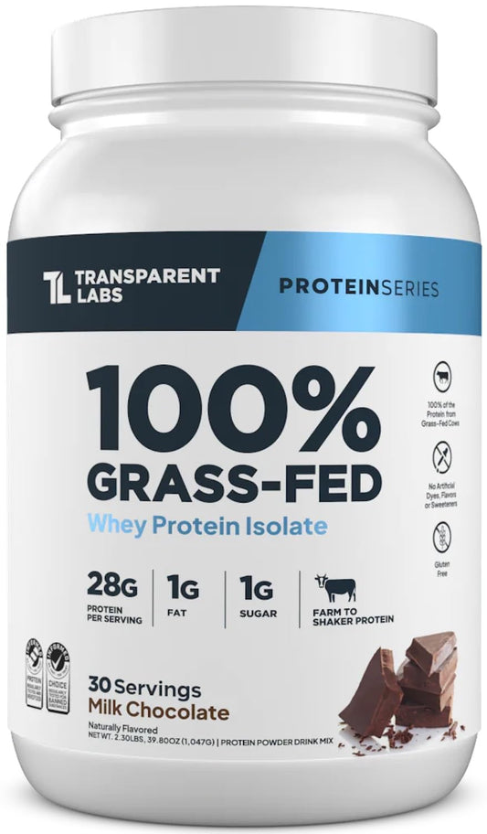 Transparent Labs grass-fed whey protein isolate milk chocolate container front showing product name and label