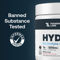 Transparent Labs Hydrate powder scoop beside a glass demonstrates peach mango flavor for on-the-go hydration.