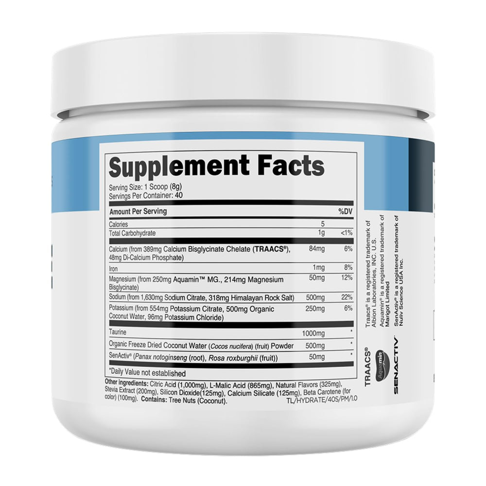 Transparent Labs Hydrate with taurine and Senactiv offers potential energy support during workouts.