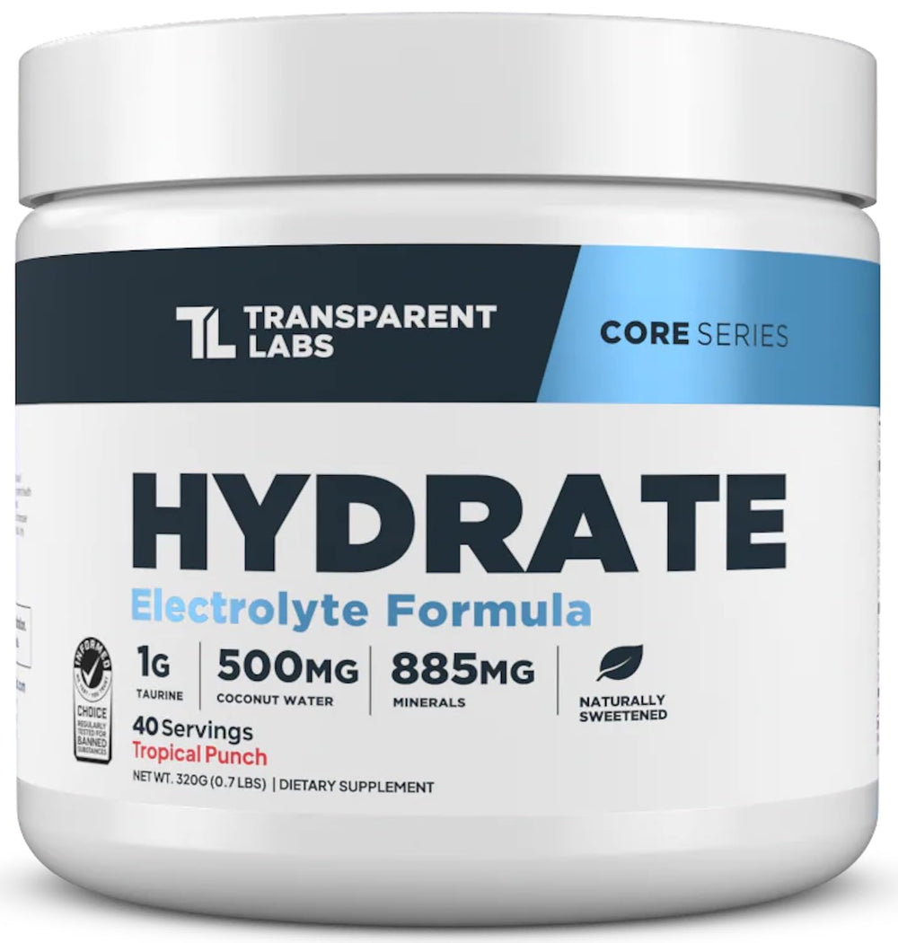 Transparent Labs Hydrate tropical punch powder in a tub ready for quick hydration