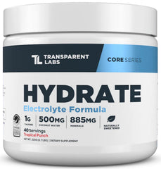 Transparent Labs Hydrate tropical punch powder in a tub ready for quick hydration