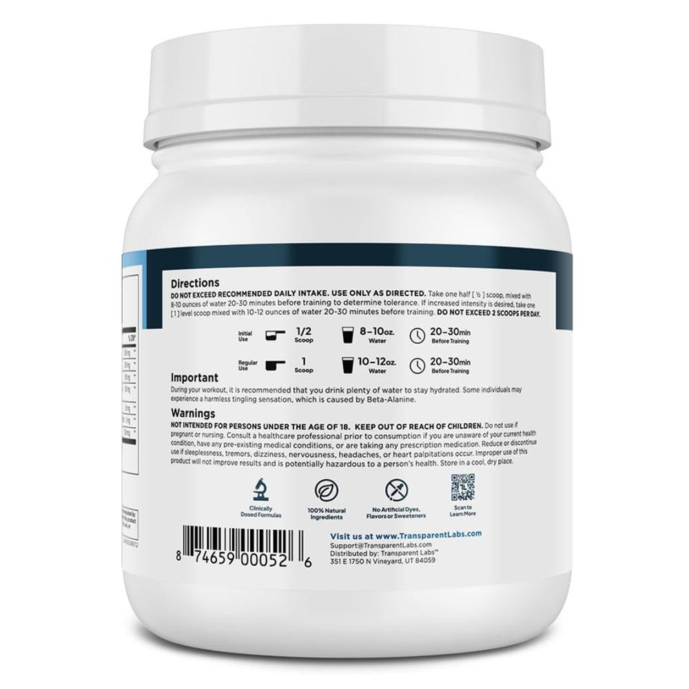 Transparent Labs Lean Pre-Workout tub and scoop image shows convenient servings.