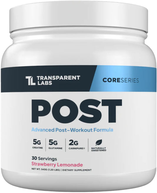Transparent Labs Post bottle front showcasing strawberry lemonade flavor for post-workout recovery.
