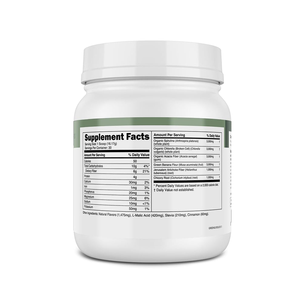 Transparent Labs Prebiotic Greens bottle viewed from side for flexible, at-home use.