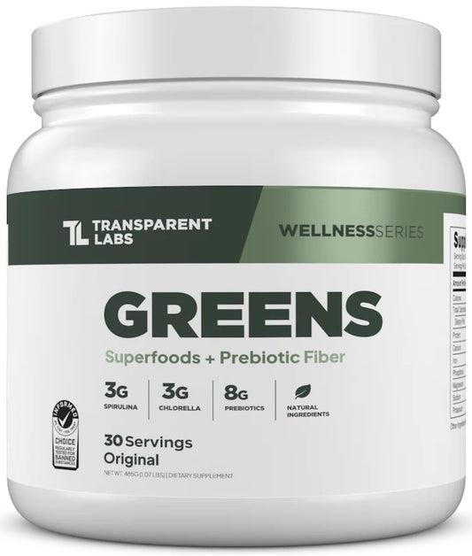 Transparent Labs Prebiotic Greens jar with scoop highlights digestive support through clean, plant-based fibers.