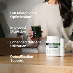 Transparent Labs Prebiotic Greens scoop beside glass suggests detox friendly chlorophyll benefits.